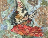 Butterfly Art, 8x8" Orange floral flower painting mixed media yellow coral