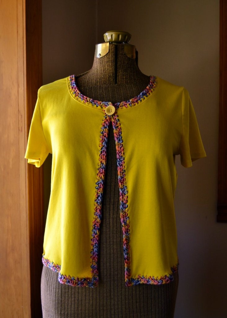 Yellow TShirt Cardigan Upcycled TShirt Ladies Sweater Crochet Cardi Size Large Ready to Ship