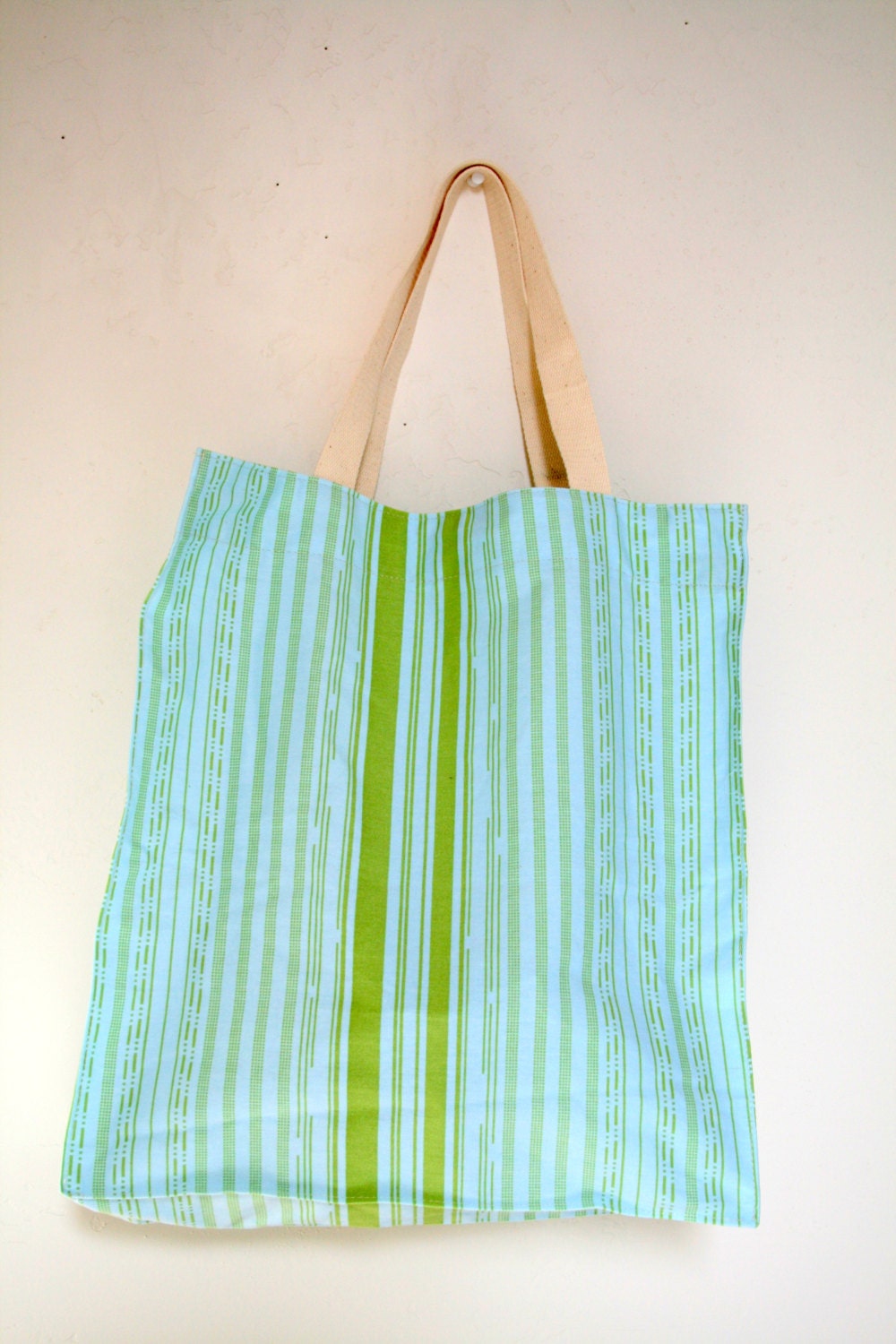 Reusable Shopping Bag, Robin's Egg Blue with Avocado Green Stripes