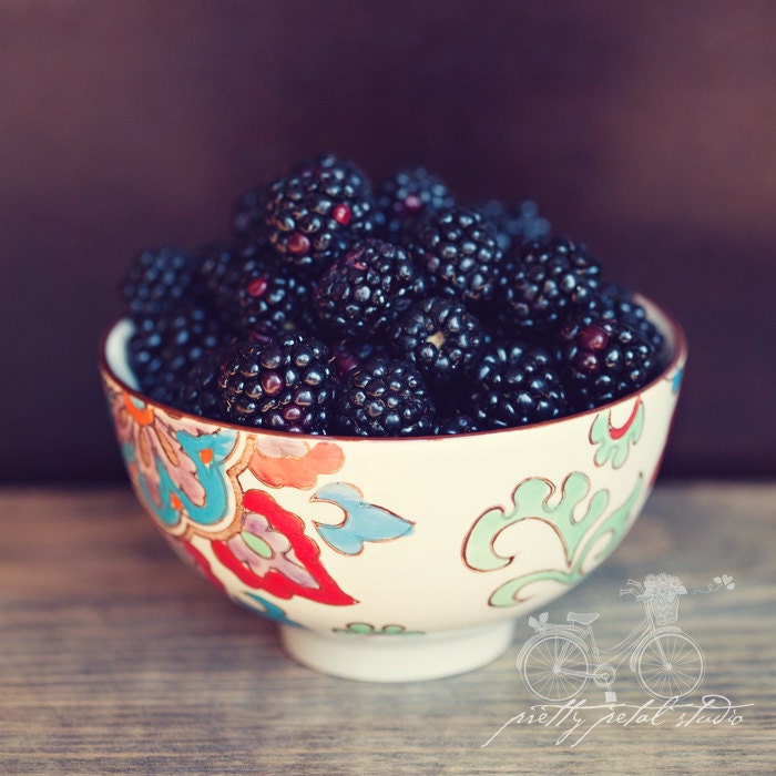 Food Photography, Still Life Print, Blackberries in a Boho Bowl, Purple, Cream, Summer Fruit, Yummy, Kitchen Art, Foodie, Square 8x8 Print