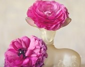Whimsical Fine Art Photograph, Raspberry Ranunculus Flowers, Vintage Deer Perfume Bottle, Fawn, Cream, Wall Art, Feminine, Square 5x5 Print