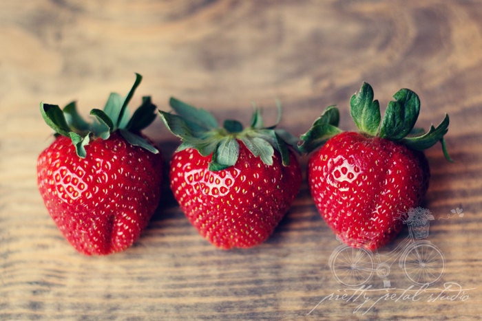 Fine Art Photograph, Three Red Strawberries on a Wooden Table, Kitchen Art, Macro Photo, Food, Summer Fruit, 8x12 Print