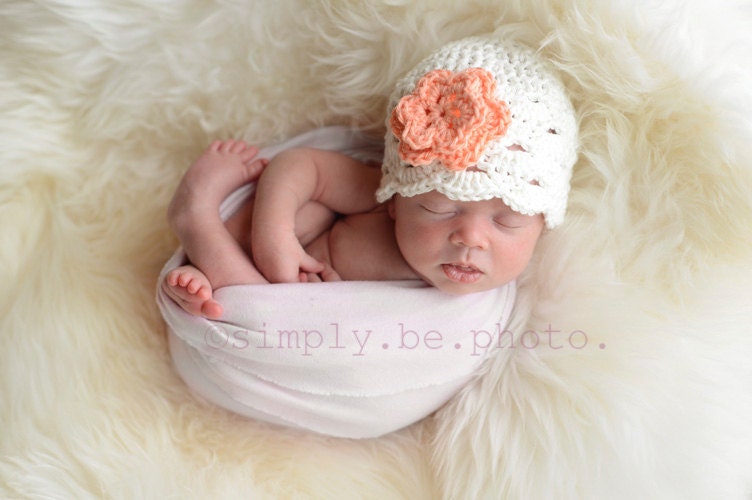 Girls Hat, Newborn Hat, Child Crochet Hat, Eggshell, Tea Rose Flower Beanie Baby Hat, Photography prop, READY TO SHIP
