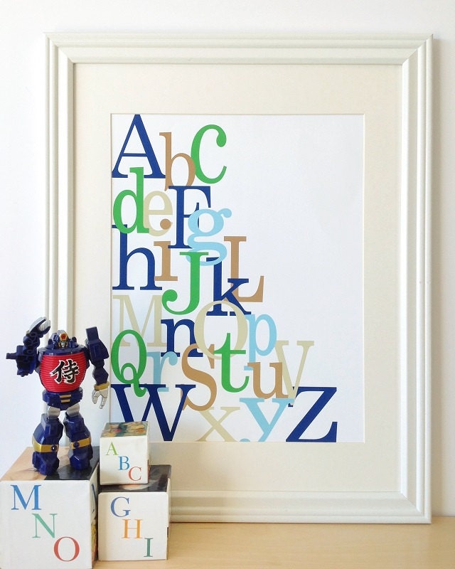 RESERVED Modern Alphabet Wall Art 11x14 Boys ABC Typography Print - Blue Green Brown Nursery Art