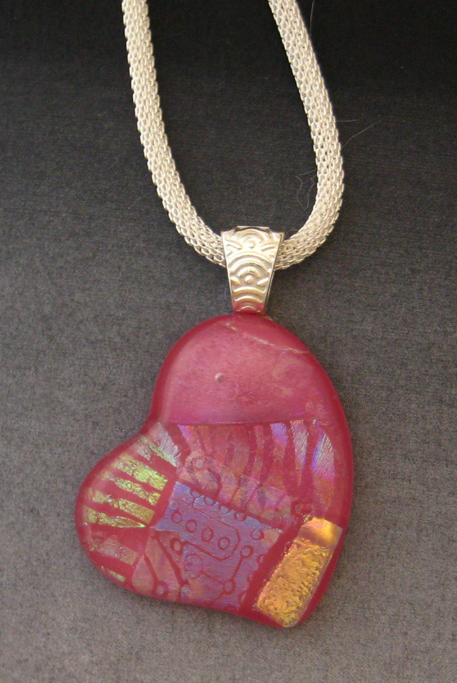 Valentine Jewelry, Fused Glass Heart Pendant,  Patchwork Dichroic Fused Glass Heart Pendant - Pink Heart Necklace