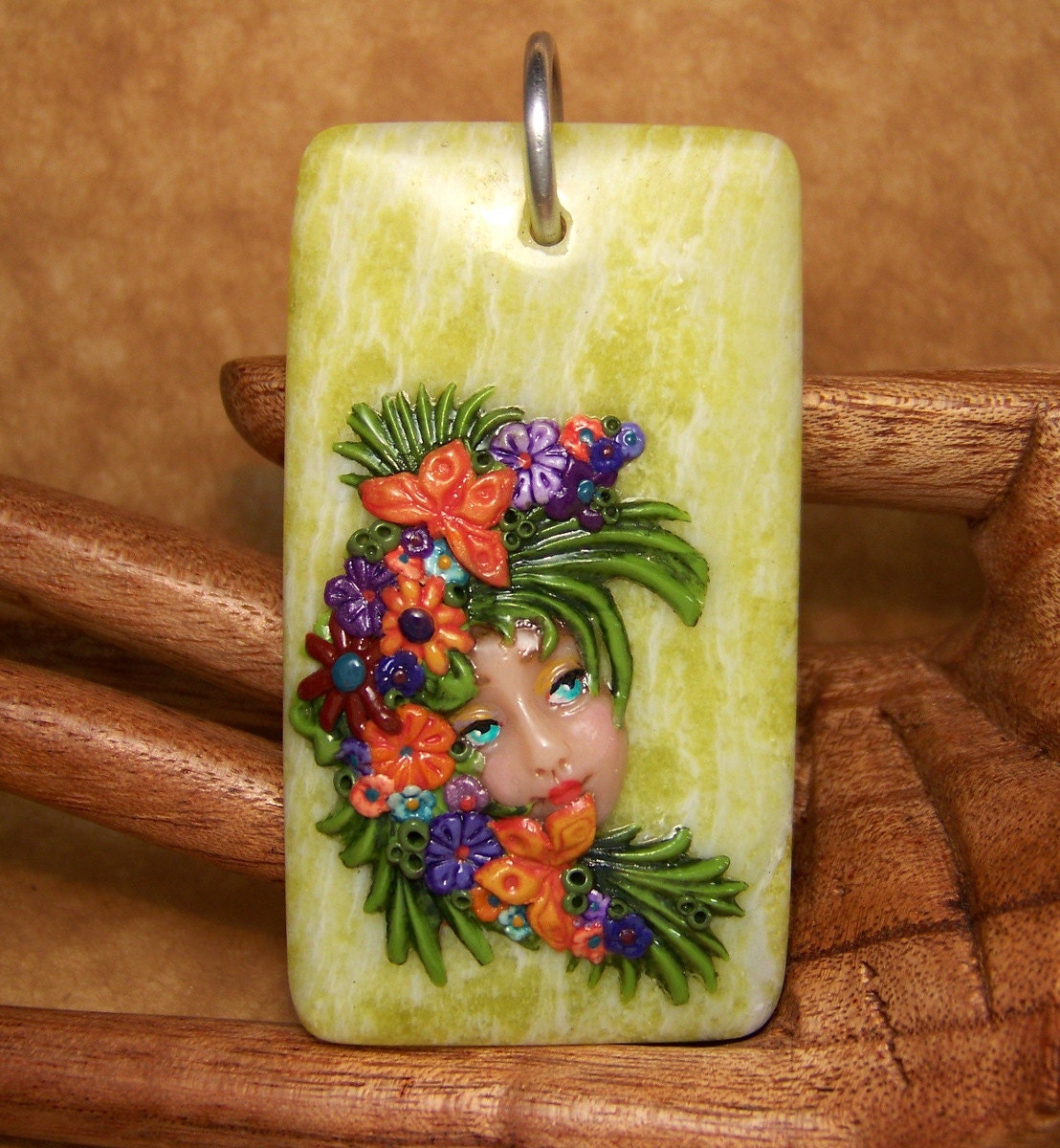 Tropical Flowers, Palm Fronds, and Butterflies Goddess Face XL Pendant or BEAD Polymer Clay on green flower jasper