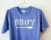 AHOY Small mens tshirt - white on heather blue