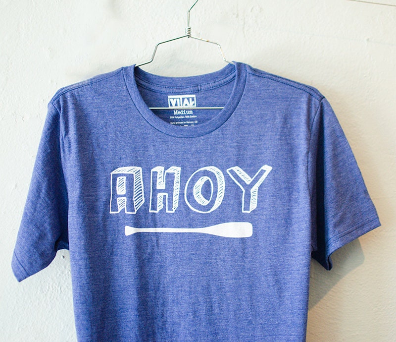AHOY Small mens tshirt - white on heather blue