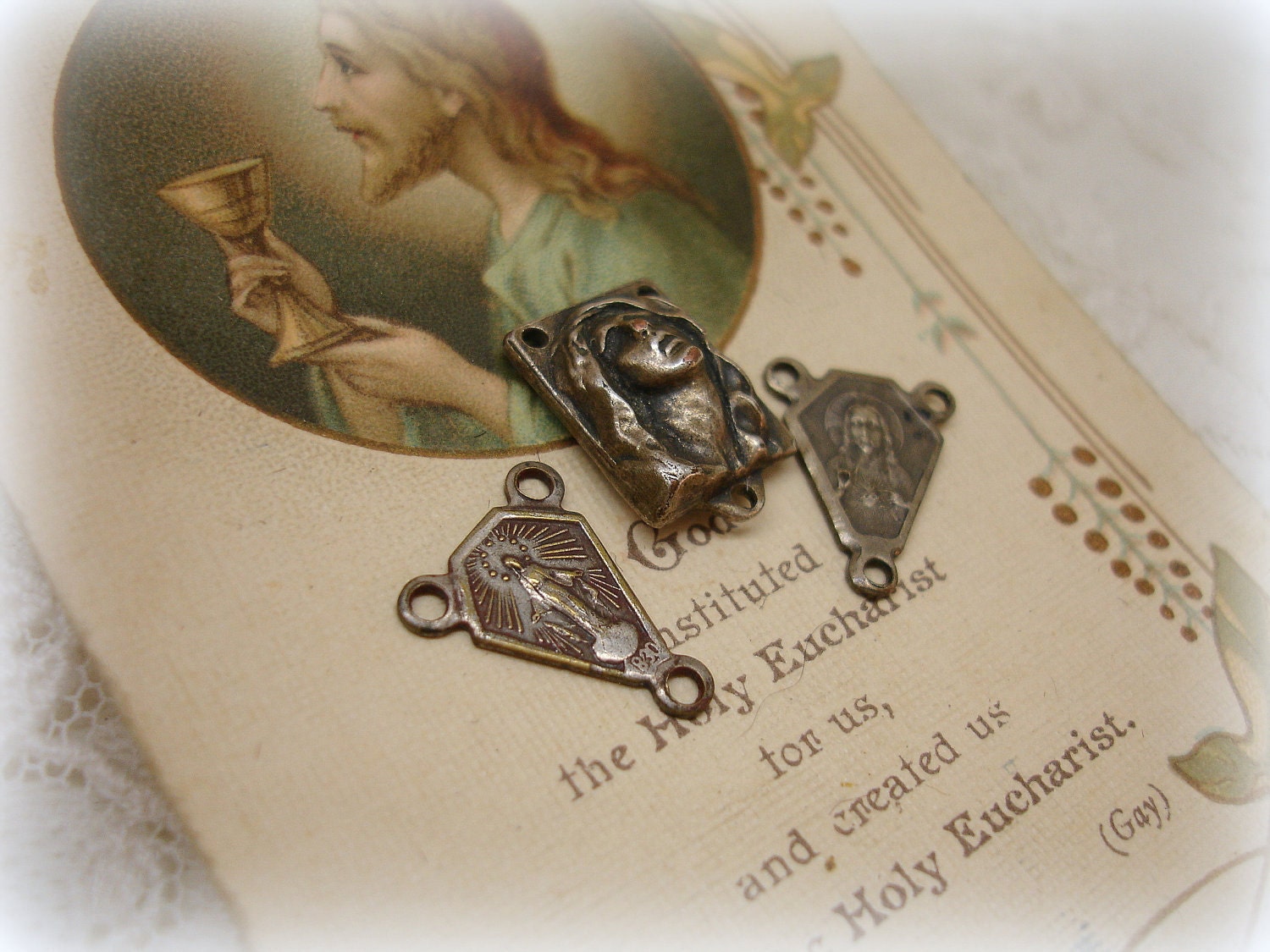vintage rosary centers . antiqued silver with patina marked 830 and ITALY