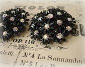 mOunds of flowers vintage enamel and rhineStone earrings . black enamel flowers with crystal ab rhinestone centers