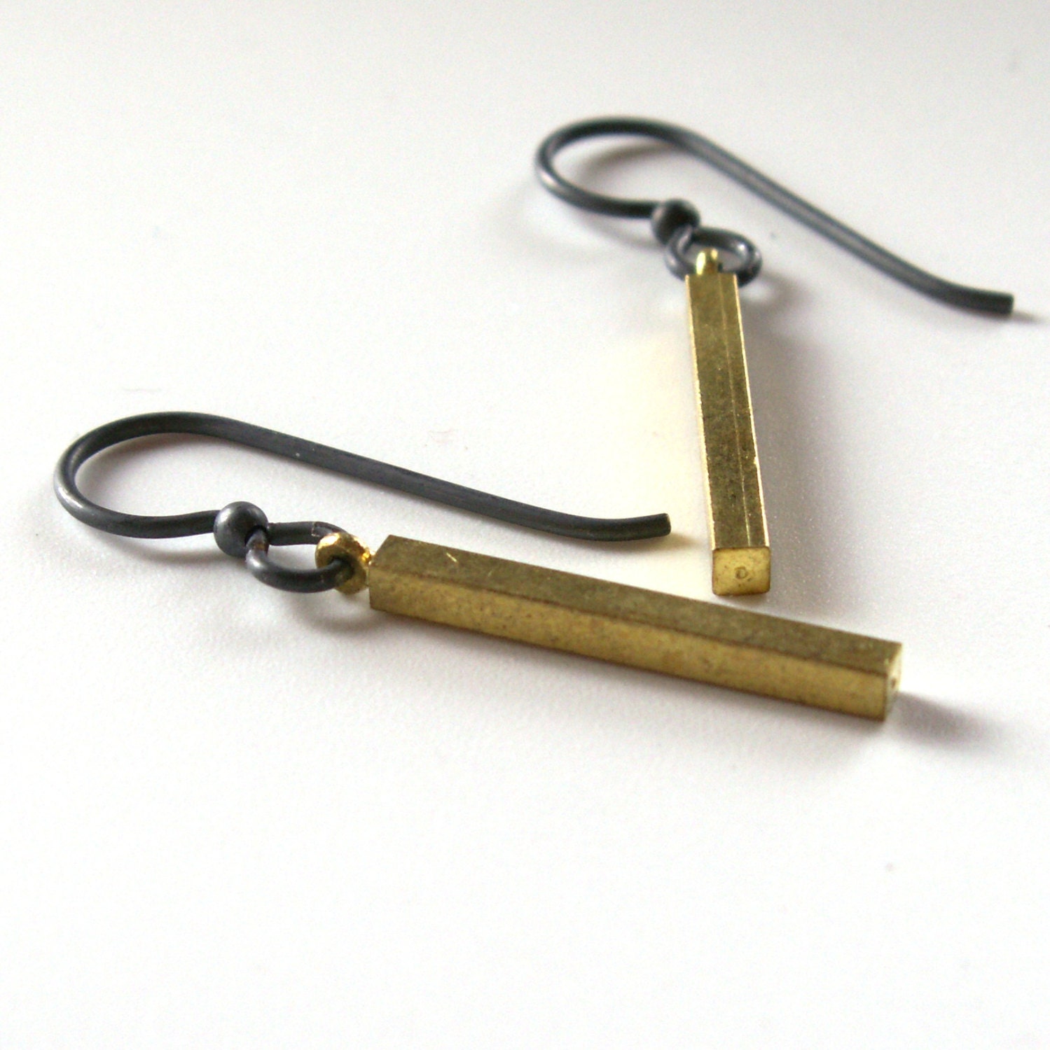 Vintage Brass Bar Earrings . Oxidized Stering Silver