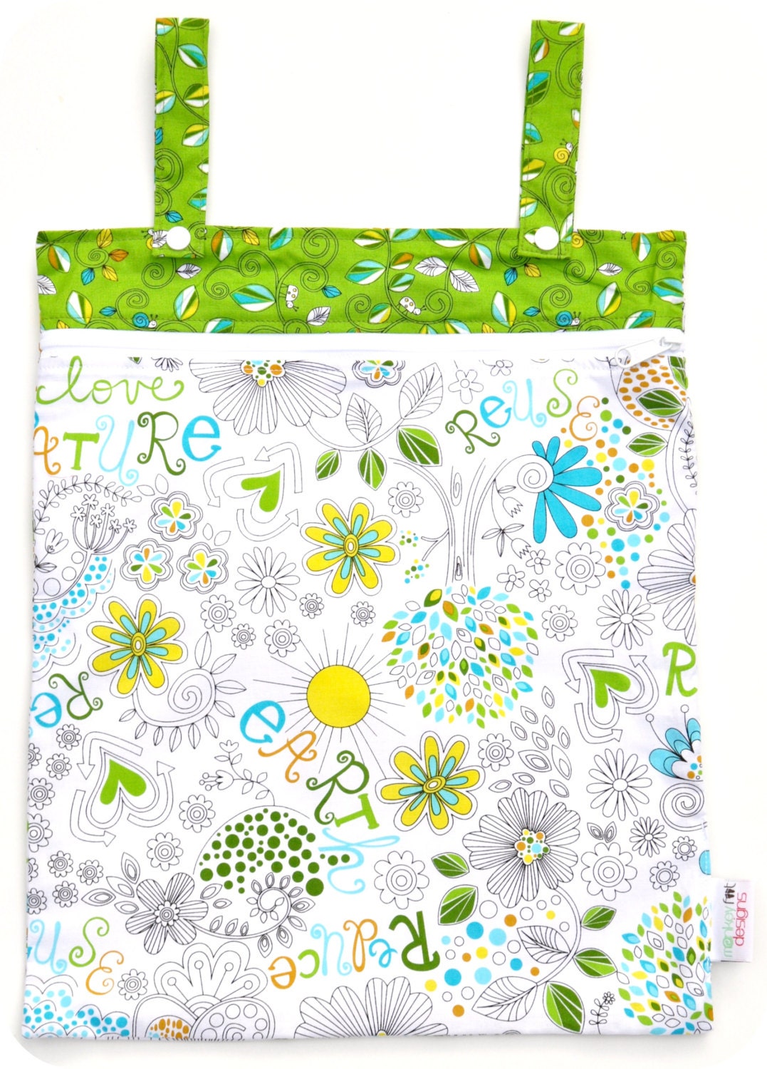Kitchen or Stroller Wet Bag with Two Top Snap Straps / Eco Love  Fabric /  SEALED SEAMS
