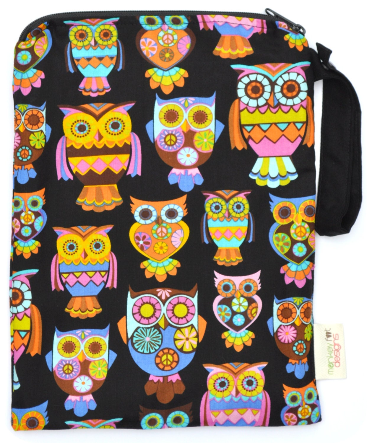 Medium 9 x 12 Wet bag / Bright Peace Owls / Swim / Diapers / Gym /  SEALED SEAMS and Snap Strap