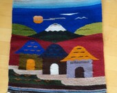 Small Vintage Wool Landscape Weaving of 3 Dwellings, Mountain and Ocean 15 x 16