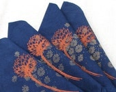 Organic cotton hemp cloth napkins - Indigo blue, copper clover flowers - screenprinted,hand dyed
