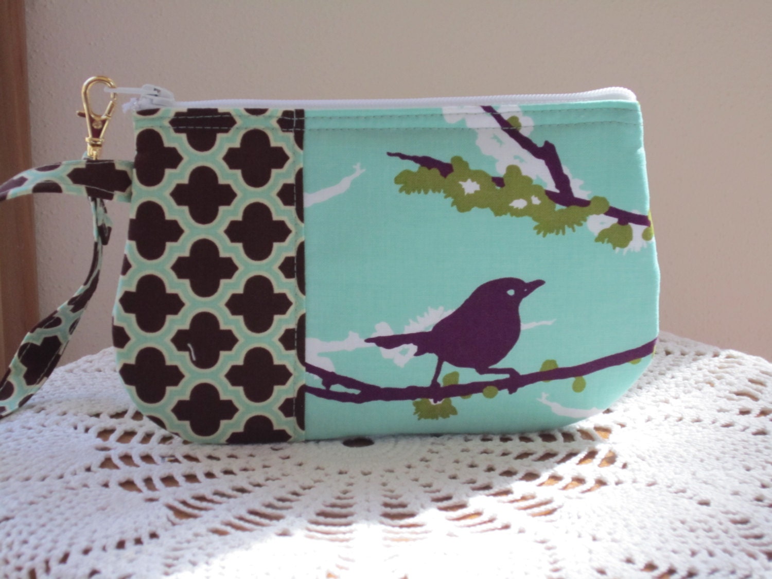 Wristlet Zipper Gadget Smart Phone Pouch Songbirds Plum