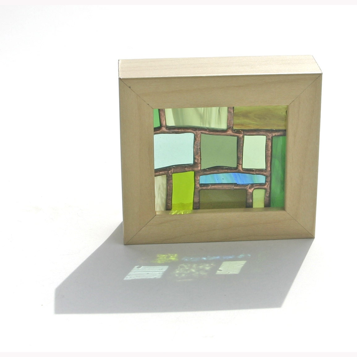 Small Stained Glass Panel of Patchworked Green in Free-Standing Wooden Frame