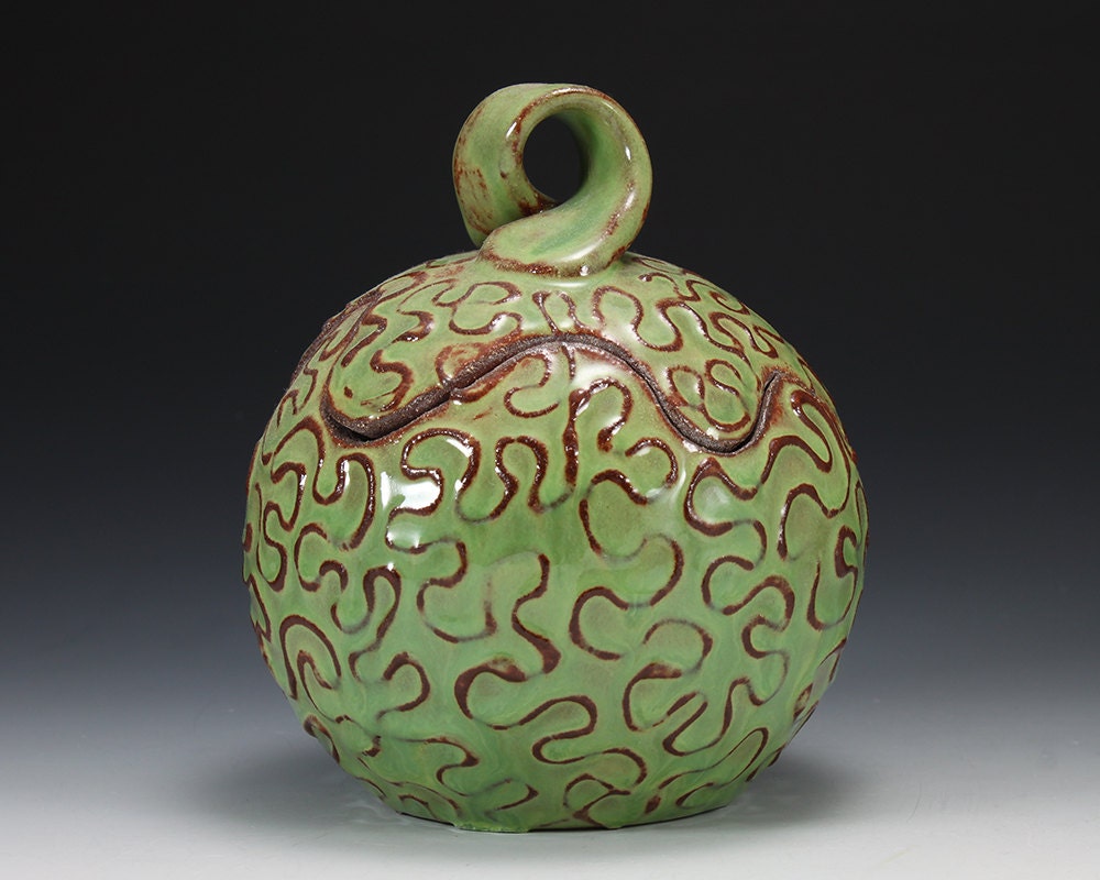 Spring Green Squiggle Jar Red Stoneware - dancingclay