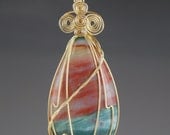 Seascape Agate and Gold Wire Wrapped Pendant