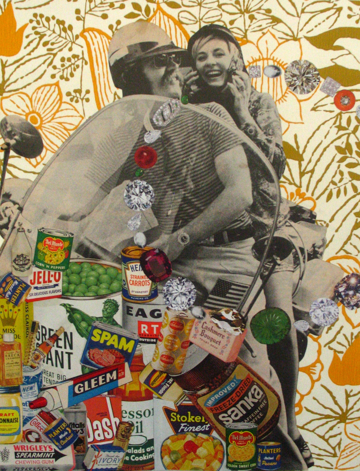 Collage on Paper-Motorcycle Couple & Jewels