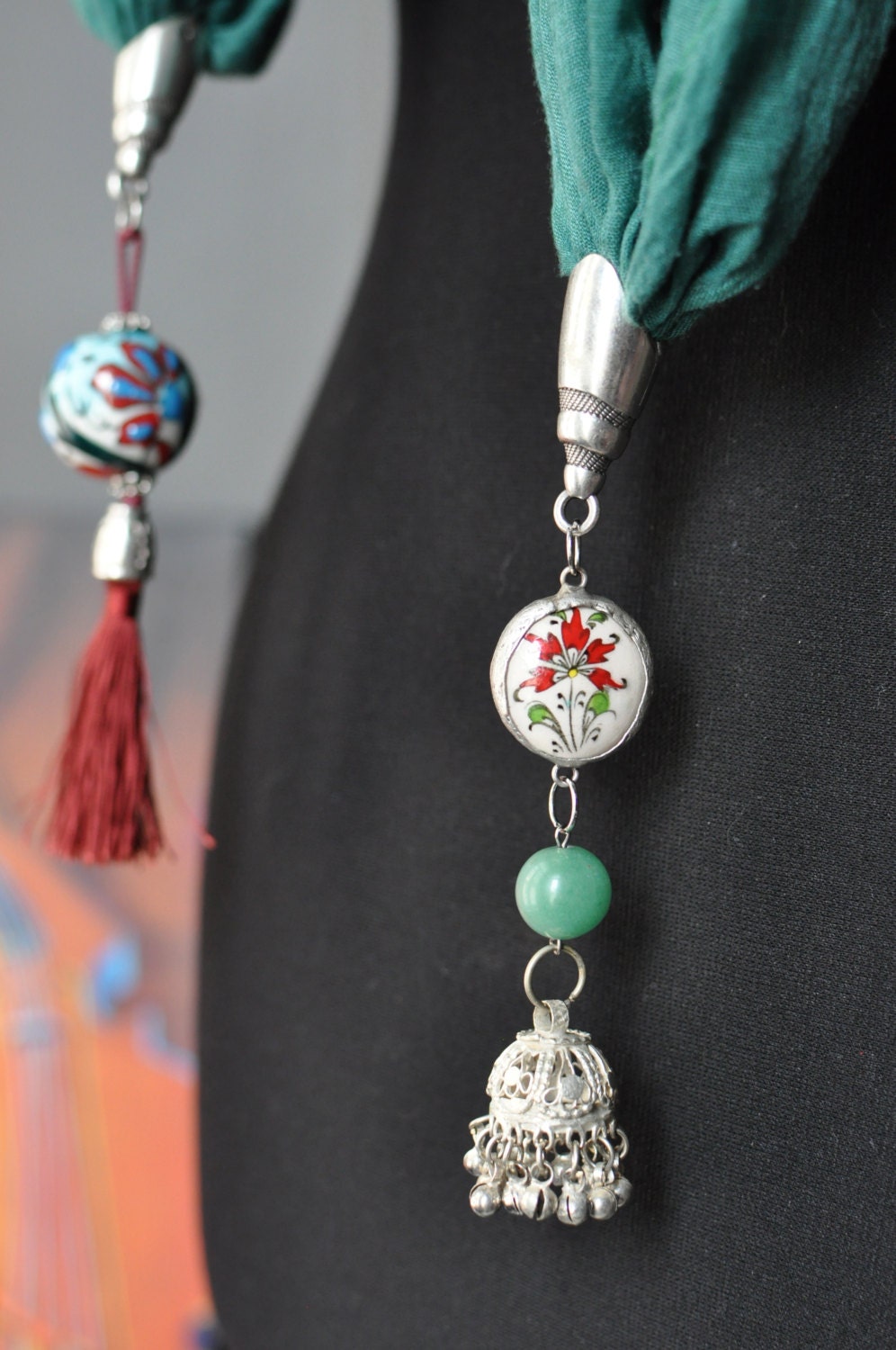 Ottoman Flowers Green long Scarf