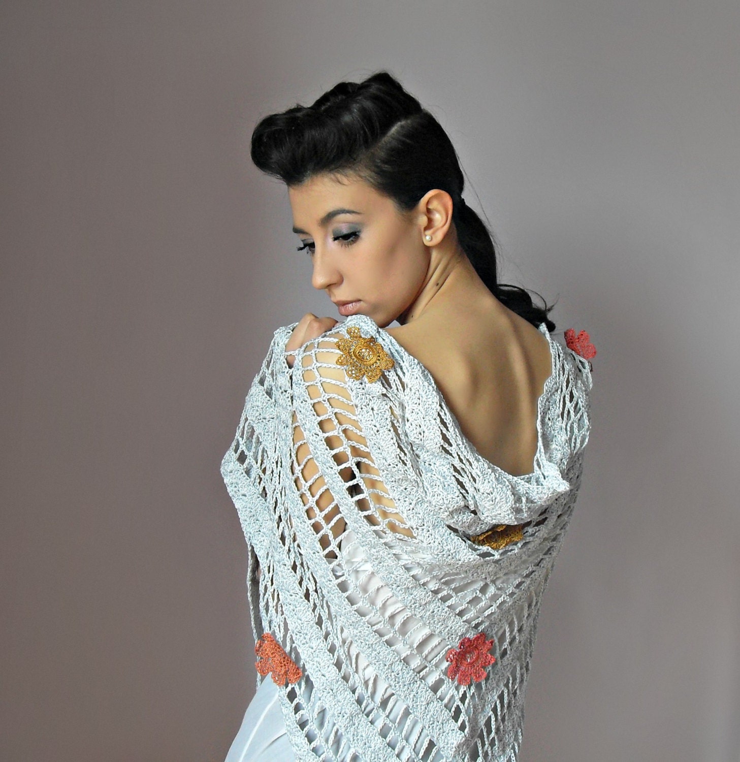 Hand Crochet Lace Wrap Shawl - Silver Grey Gray - With yellow, brown, rusty orange Flowers - Luxury - Bridesmaid Wedding - Cocktail