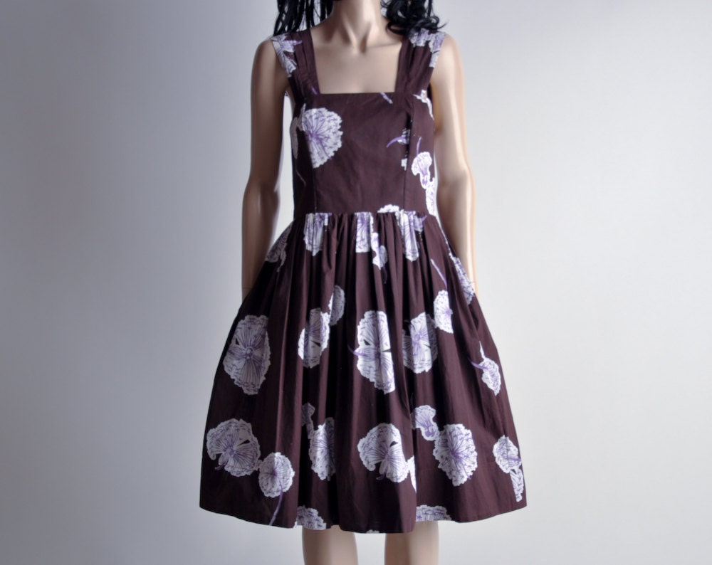 50s brown floral shoulder strap full skirt dress / m