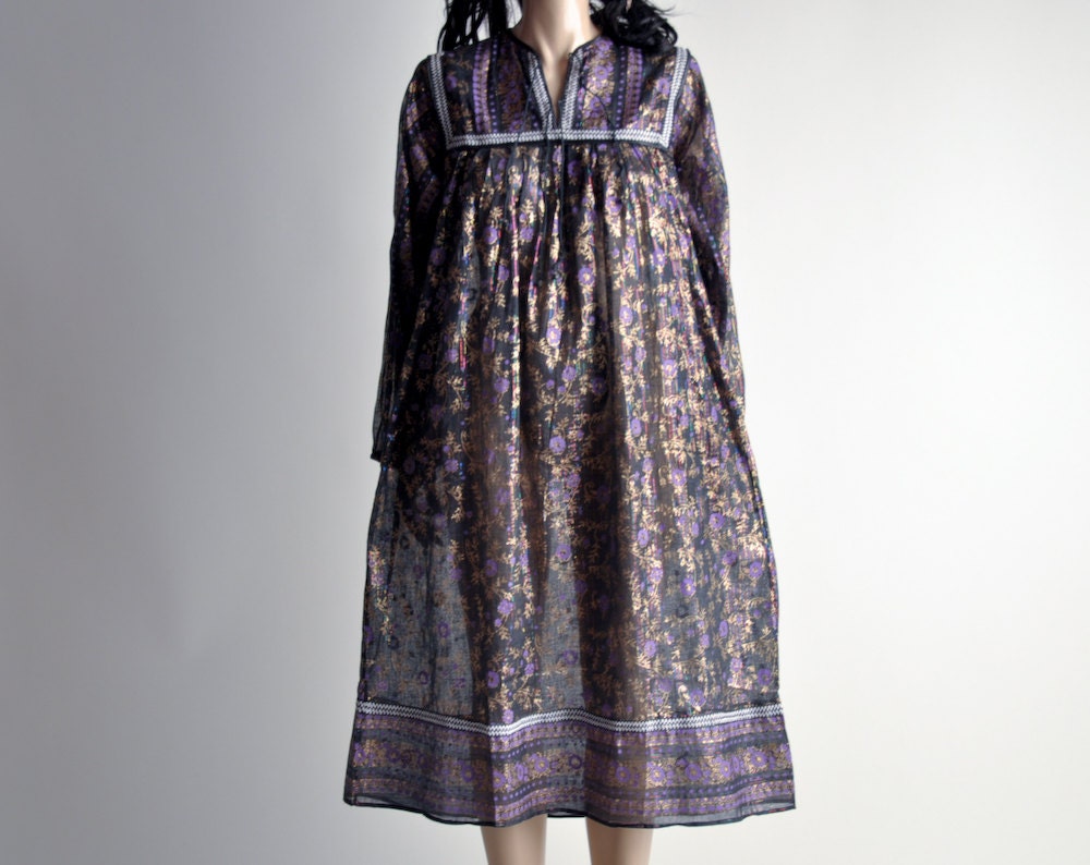 indian gauze metallic floral print hippie tent dress / s / m