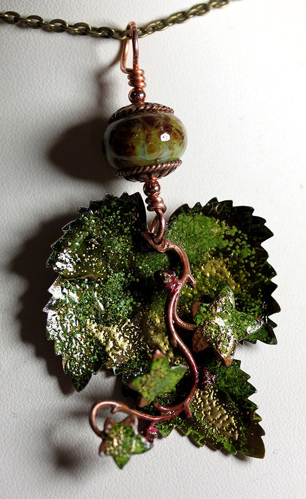 Leaves and Lampwork Copper & Brass Pendant