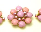Vintage 50s Pink Rhinestone Pin Brooch and Earrings