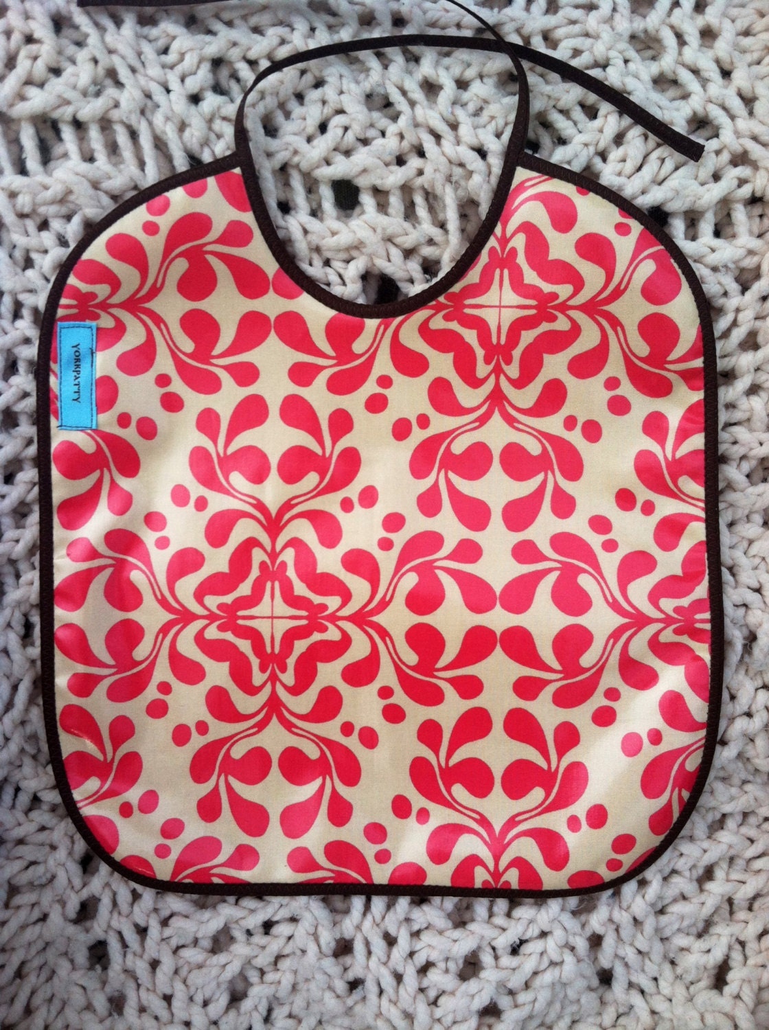 Coral and Brown Laminated Bib - handmade, baby, infant, girl, BPA free, feeding
