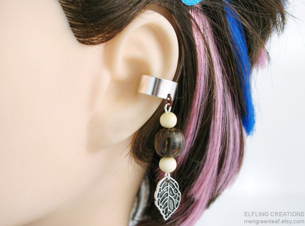 Wood Leaf Brown and Silver Cartilage Ear Cuff