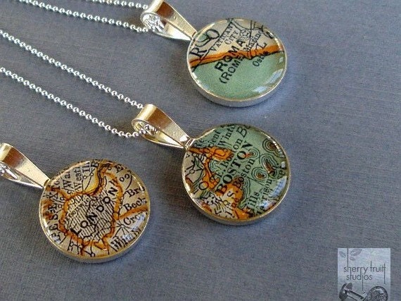 Map Necklace Sterling  Silver  Loop Style Custom Personalized with your City Vintage  Atlas