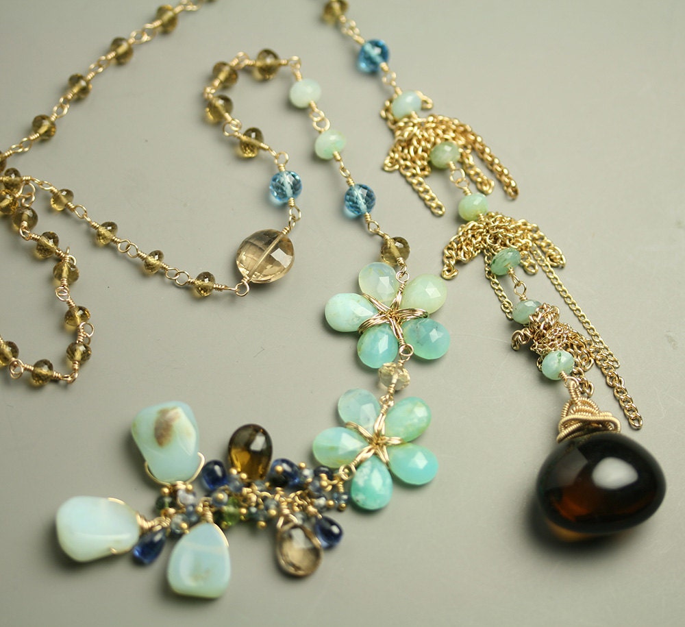 Whiskey Quartz Peruvian Opal Lariat Statement Necklace with Gemstone Flowers and Clusters