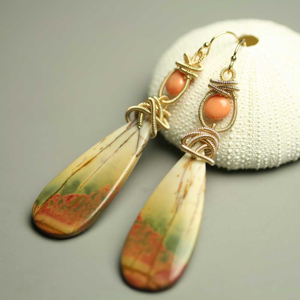 Freeform Coil Wire Wrapped Picasso Jasper and Mexican Fire Opal Earrings