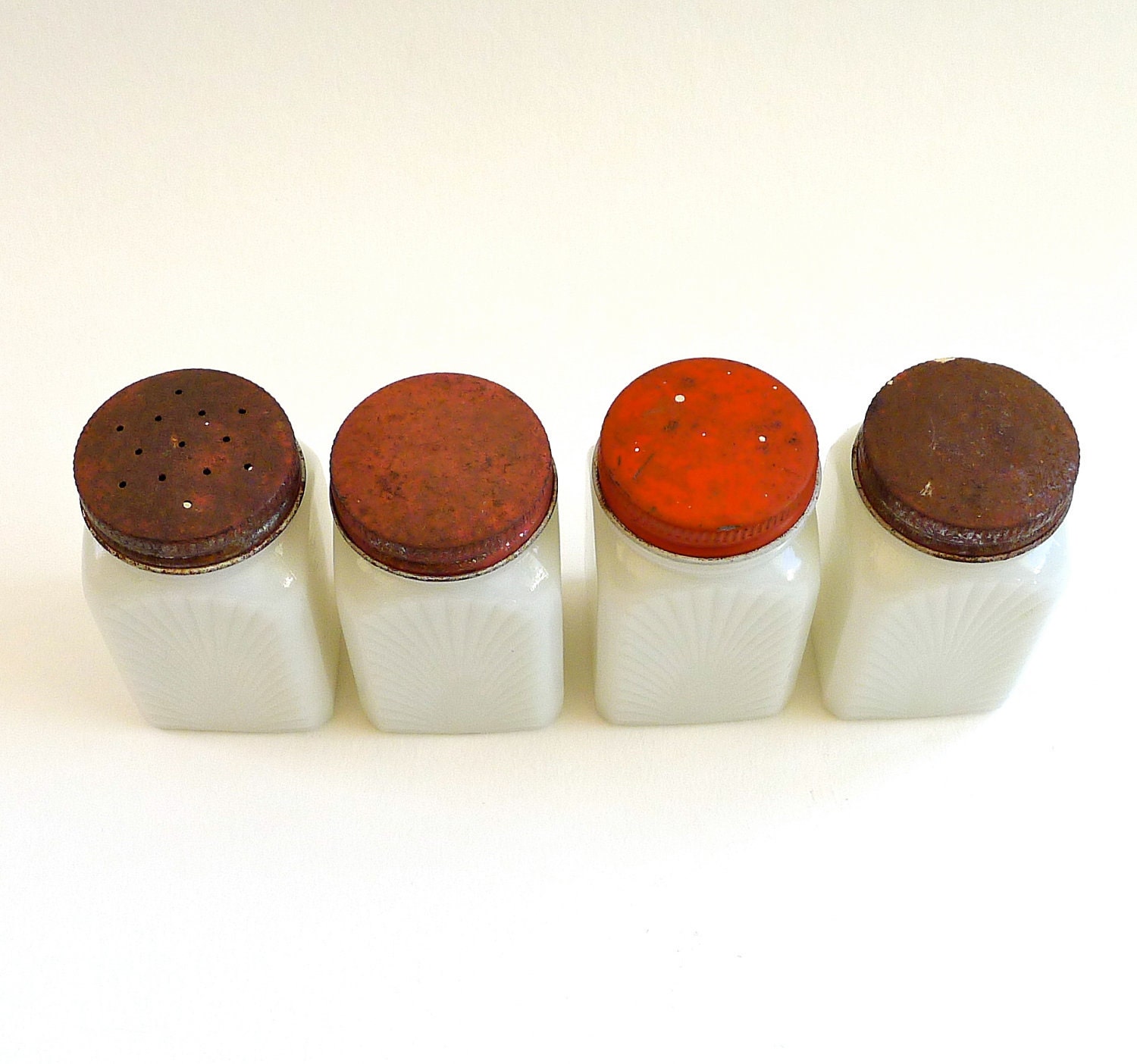Vintage Milk Glass Sun Ray Spice Jars Set of Four