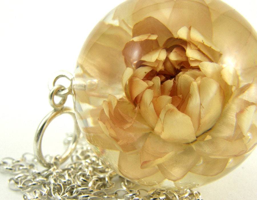 Beige Strawflower Necklace, Large Resin Round with Sterling Silver Chain