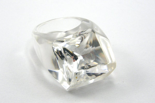 Crystal Clear Cubic Zirconia Ring, Clear Resin Ring with a Large Square Shaped Ice Zirconia