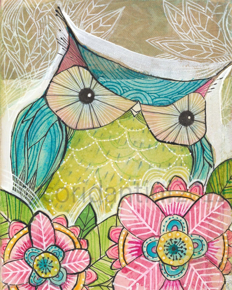 whimsical watercolor painting of a turquoise owl - 8 x 10 - archival and limited edition print by cori dantini