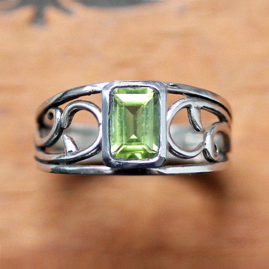 Silver vine ring - green peridot - emerald cut - thorn - August birthstone - spring - apple green - made to order