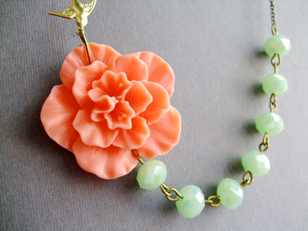Bridesmaid Jewelry,Flower Necklace,Coral Jewelry,Mint Jewelry,Crystal Necklace,Mother Day(Free Matching Earrings)