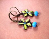 Flower Earrings, Yellow Laquer and Blue Rhinestone Earrings, Neon and Brass Dangle Earring, FREE Shipping U.S.