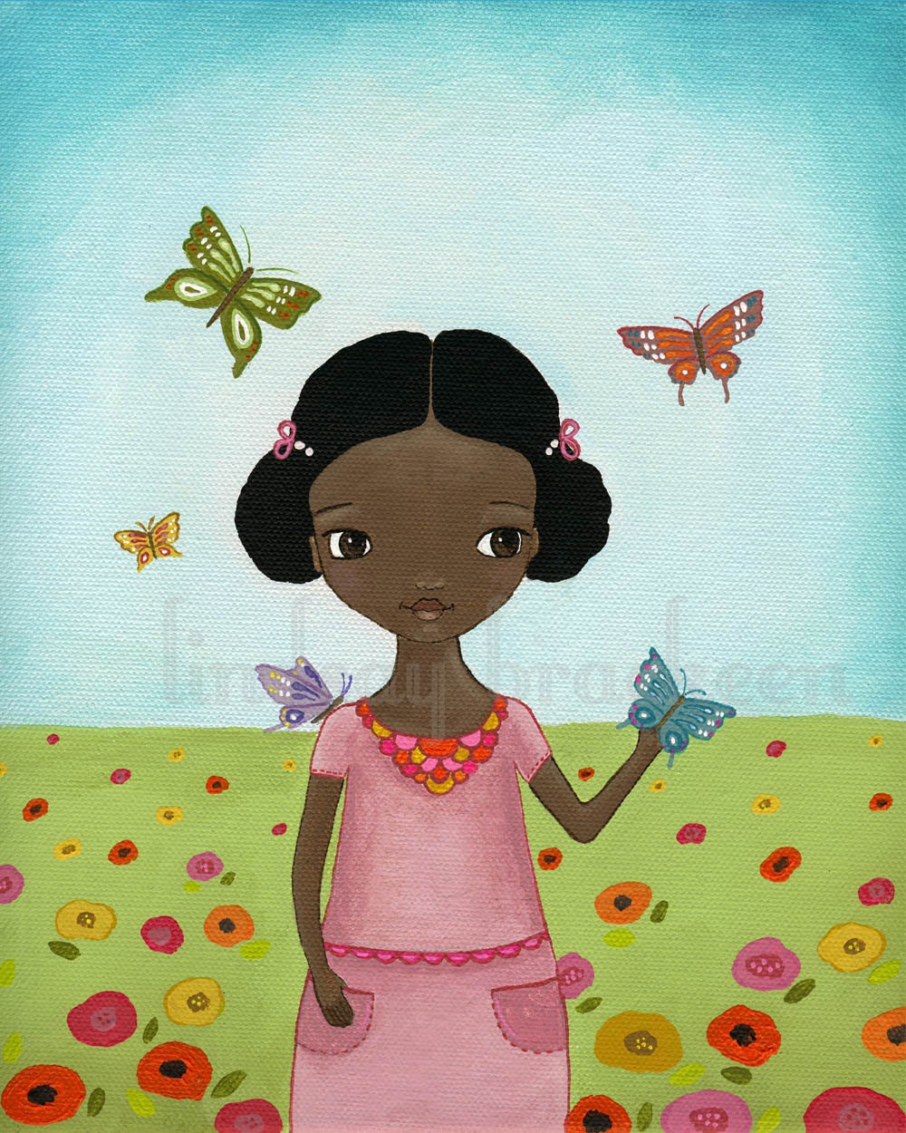 Butterfly Flowers African American Girl Wall Art Print