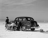 Vintage Car Beach  Black and White Print Digital Download CU Commercial Use