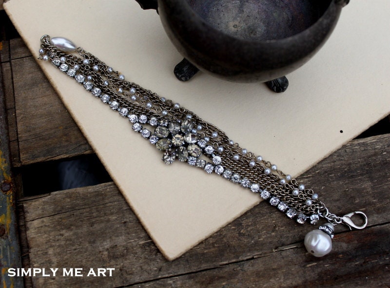 Vintage Pearl and Rhinestone Layered Bracelet...Dolled Up Eight