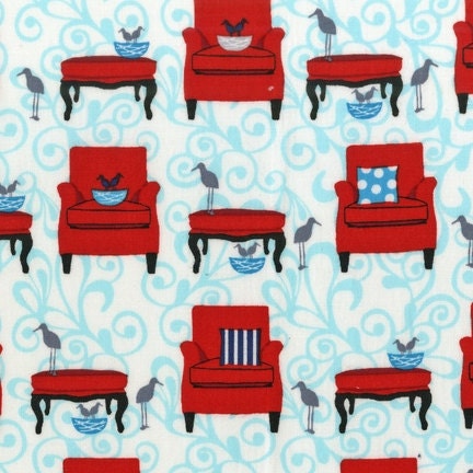 1 Yard - Perfectly Perched by Laurie Wisbrun for Robert Kaufman - Chairs/Birds in Red/Blue