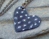 Enamel Heart Pendant Necklace Copper Enameled Jewelry Black White Spotted