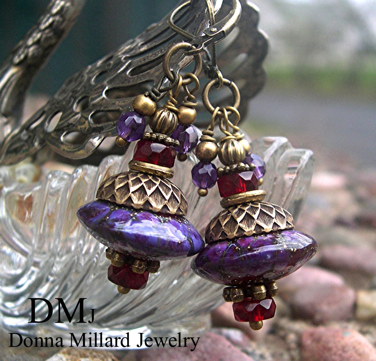 LAMPWORK GLASS BEADS Earrings --  Donna Millard sra purple amethyst grape orchid green olive boho bohemian urban