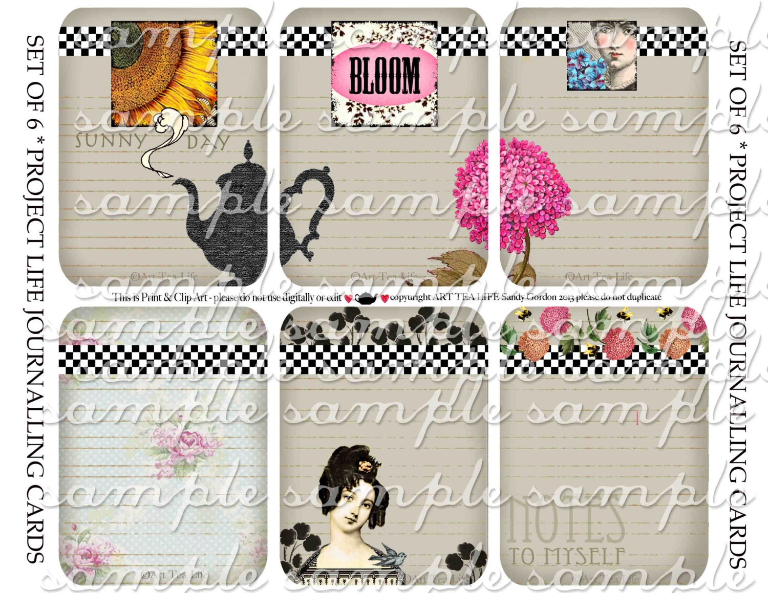 ART TEA LIFE Journal Cards  Bloom Scrapbook Collage Sheet print clip art Digital File project life photo sleeve fitted
