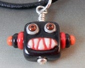 Retro Robot Face Pendant on Black Leather Cord